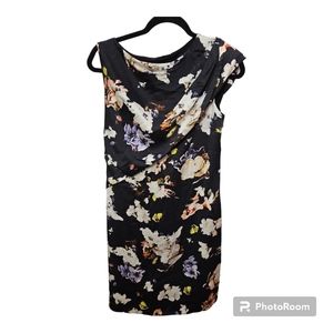Erdem Size 8 US 100% Silk Black Floral Asymmetrical Designer "Bessie" Dress